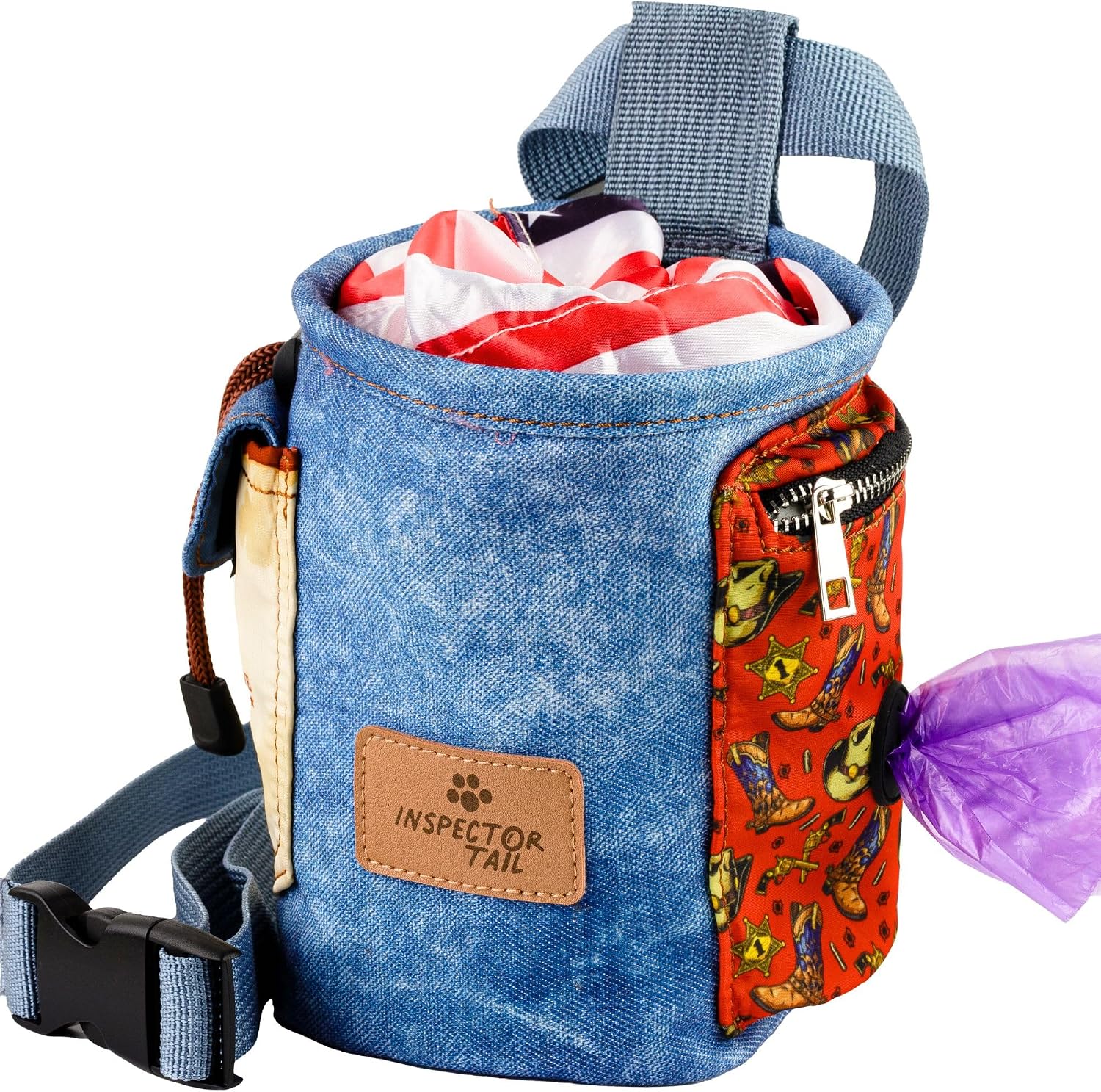 Authentic Inspector Tail dog treat pouch being clipped directly onto a waistband for fast access during walks