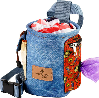 Authentic Inspector Tail dog treat pouch being clipped directly onto a waistband for fast access during walks