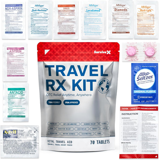 SurviveX Travel Medicine Kit front view showing compact clear resealable pouch for international travel.