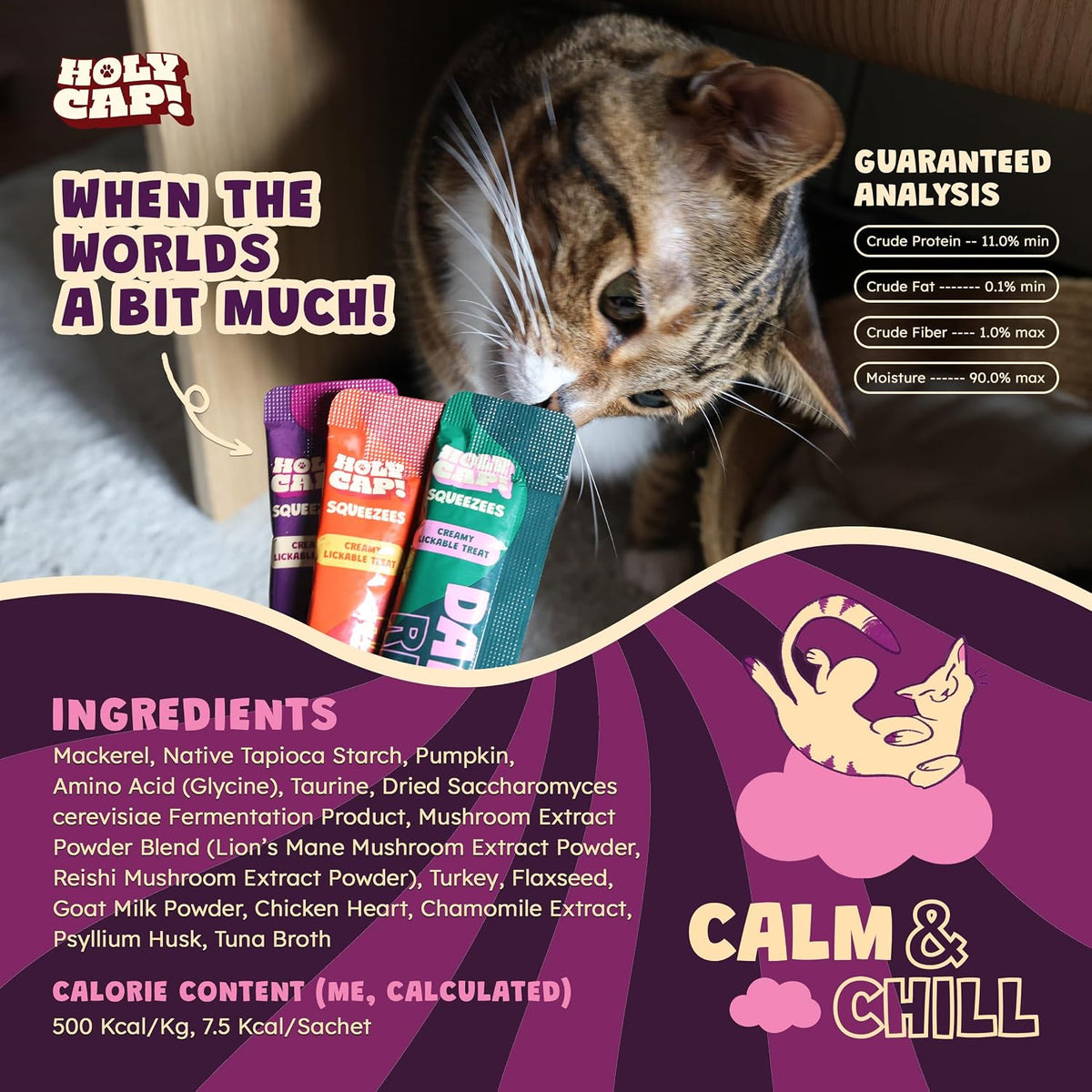 Five individual squeezable tubes of Holy Cap Calm and Chill cat treats