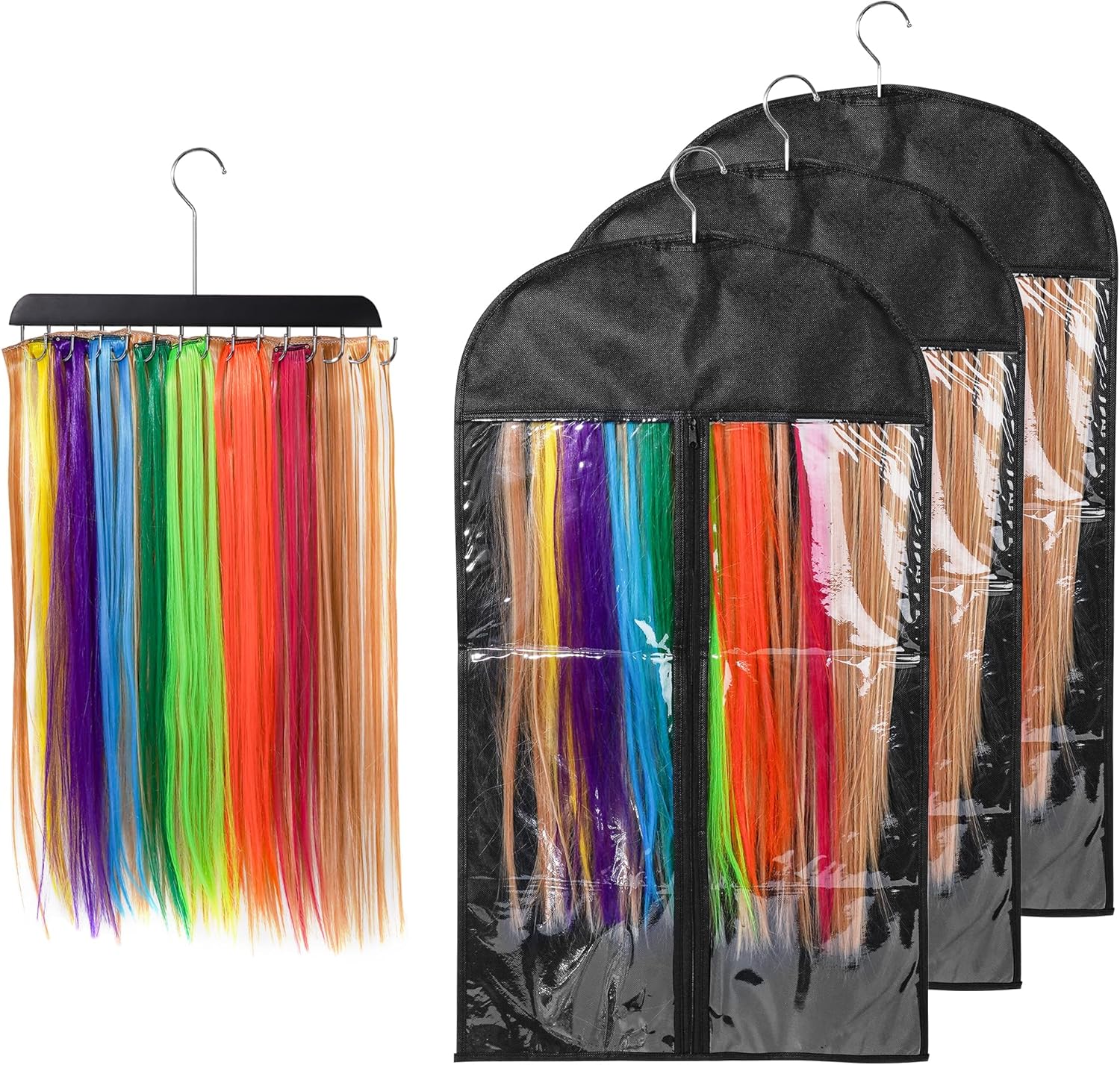 Micutapsino extra wide hair extension holder front view showing wooden hanger with hooks.