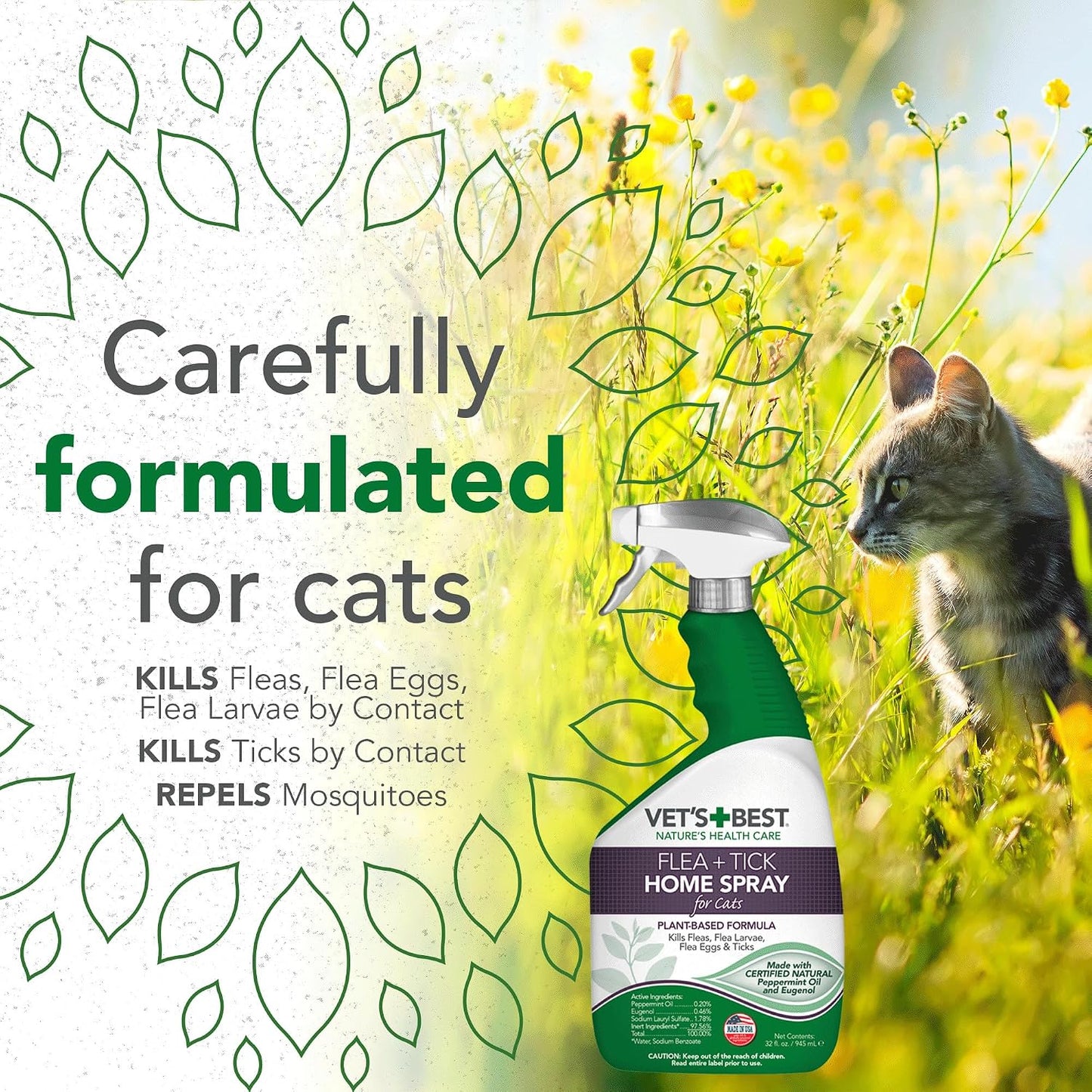 DEET free flea and tick home spray bottle details for feline safe environment