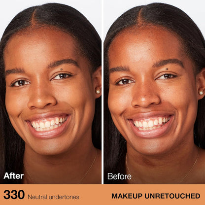 Maybelline 330 Toffee foundation bottle showing product consistency and color