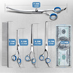 Ergonomic handles of heavy duty pet thinning shears held comfortably during a dog grooming session