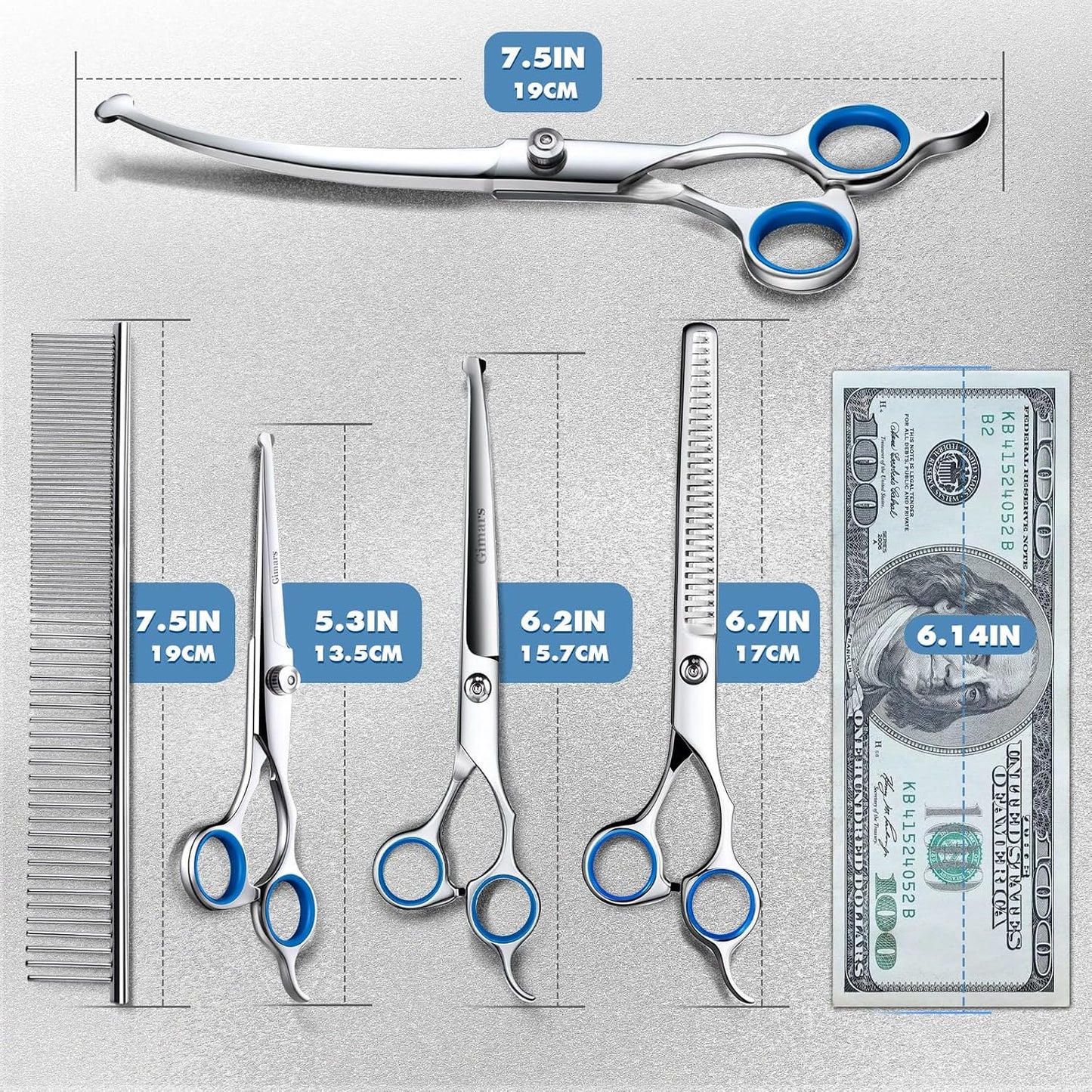Ergonomic handles of heavy duty pet thinning shears held comfortably during a dog grooming session