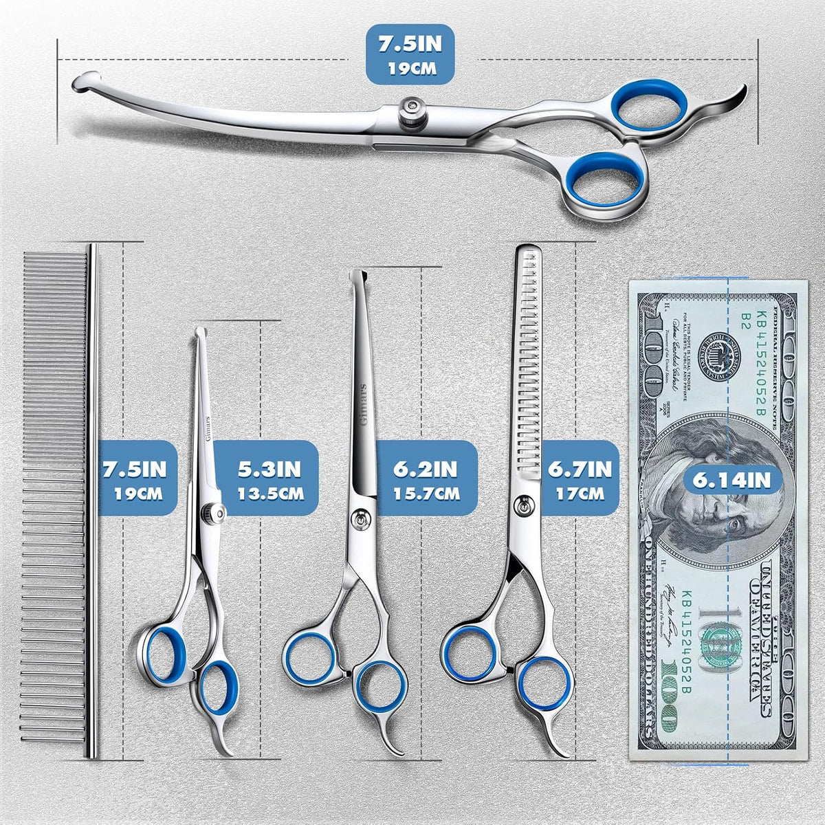 Ergonomic handles of heavy duty pet thinning shears held comfortably during a dog grooming session