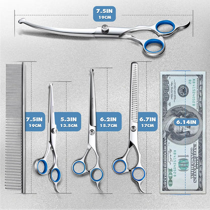 Ergonomic handles of heavy duty pet thinning shears held comfortably during a dog grooming session