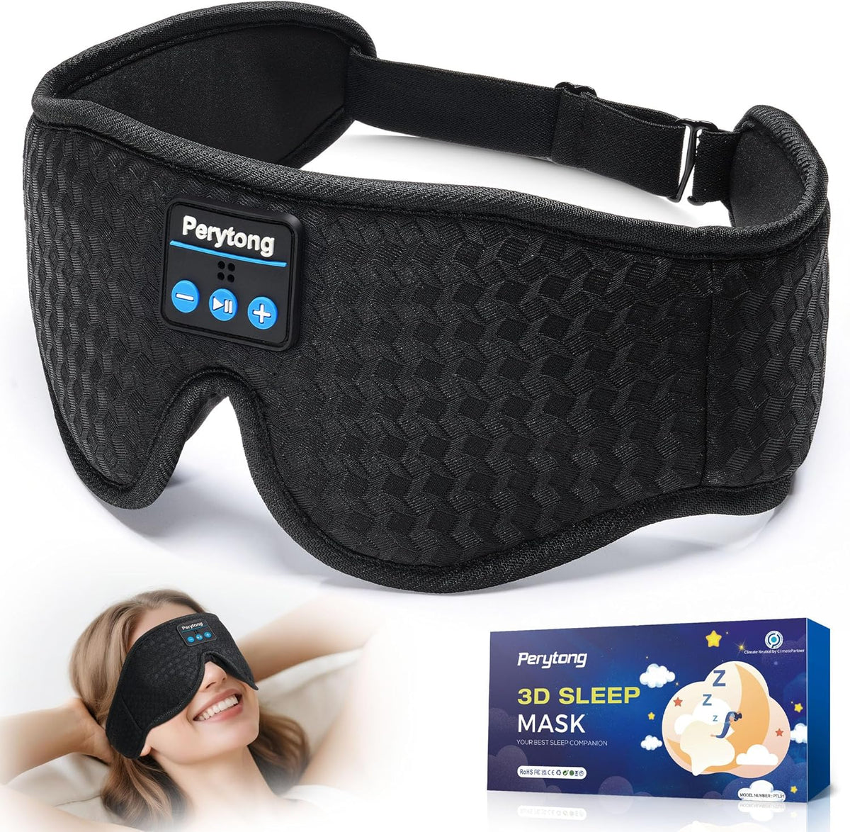 Perytong 3D Bluetooth 5.4 sleep mask in carbon black front view