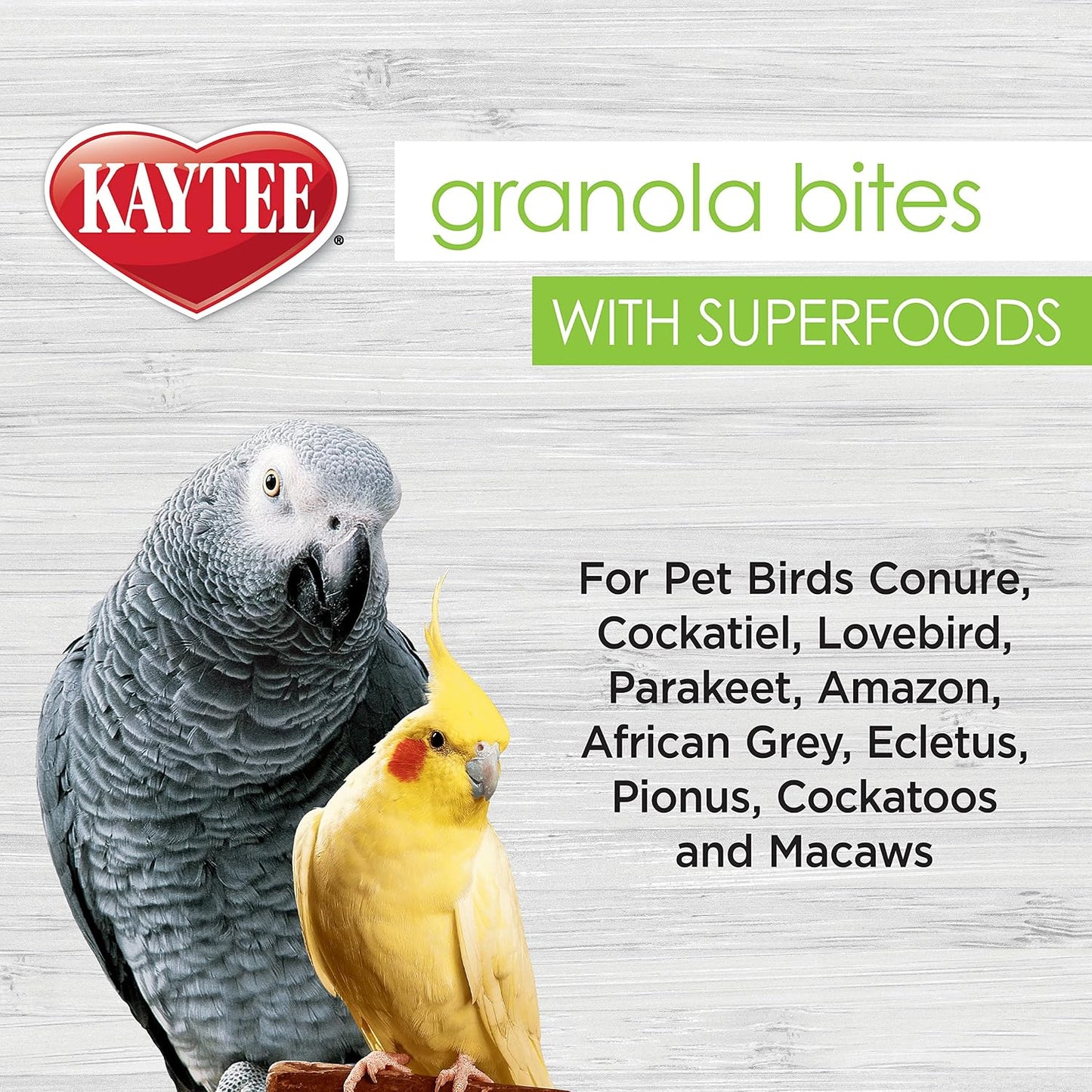 Kaytee branded bird food packaging for Conures and Cockatiels