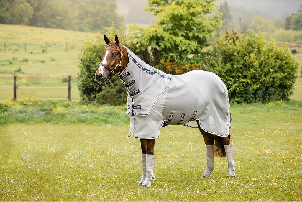 Horseware Rambo Protector equine neck cover side view silver and navy color mesh