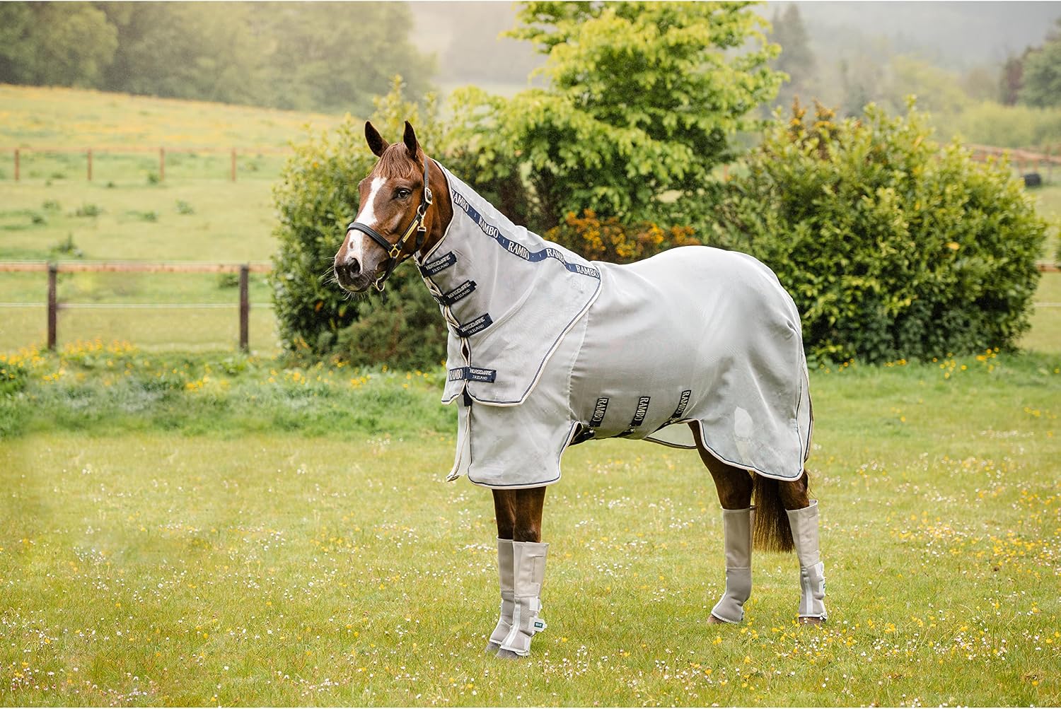 Horseware Rambo Protector equine neck cover side view silver and navy color mesh