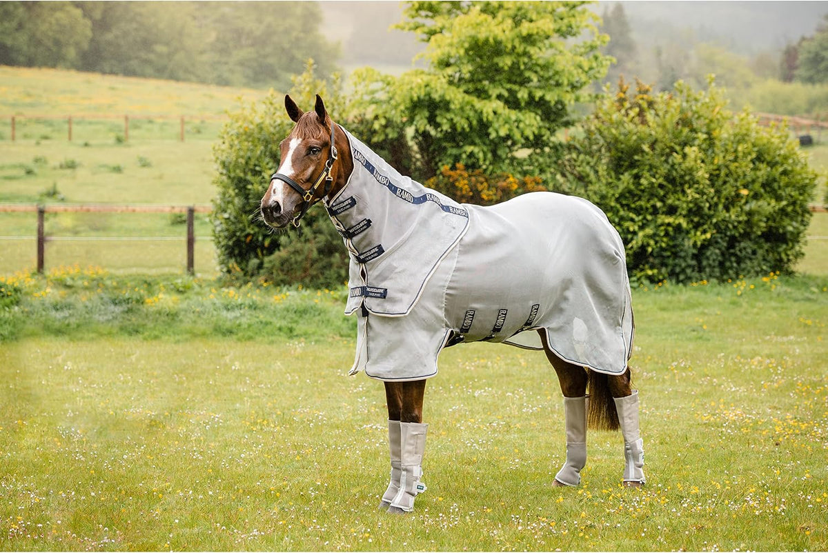 Horseware Rambo Protector equine neck cover side view silver and navy color mesh