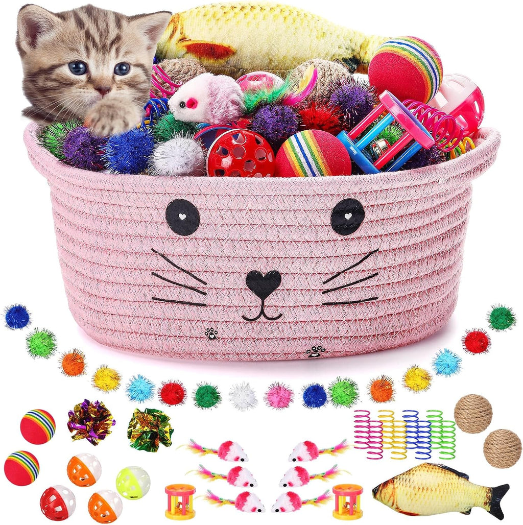 Zopeal 58 Pcs Summer Cat Storage Basket Gift Toys Set, Colorful Flashing Balls Pet Bell Crinkle Balls Spring Toys Attract Cat to Swat, Hunt, Interactive for Pet(Grey,9.8 Inch) - Image 15