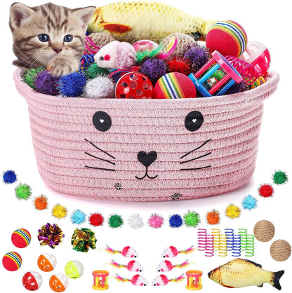 Zopeal 58 Pcs Summer Cat Storage Basket Gift Toys Set, Colorful Flashing Balls Pet Bell Crinkle Balls Spring Toys Attract Cat to Swat, Hunt, Interactive for Pet(Grey,9.8 Inch) - Image 15