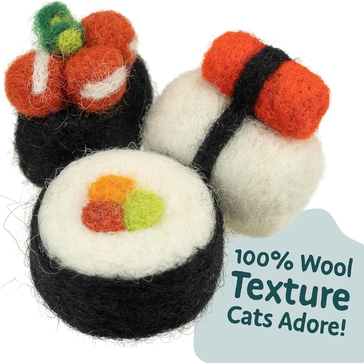 Natural wool cat chew toys from Woolbuddy designed for feline dental hygiene