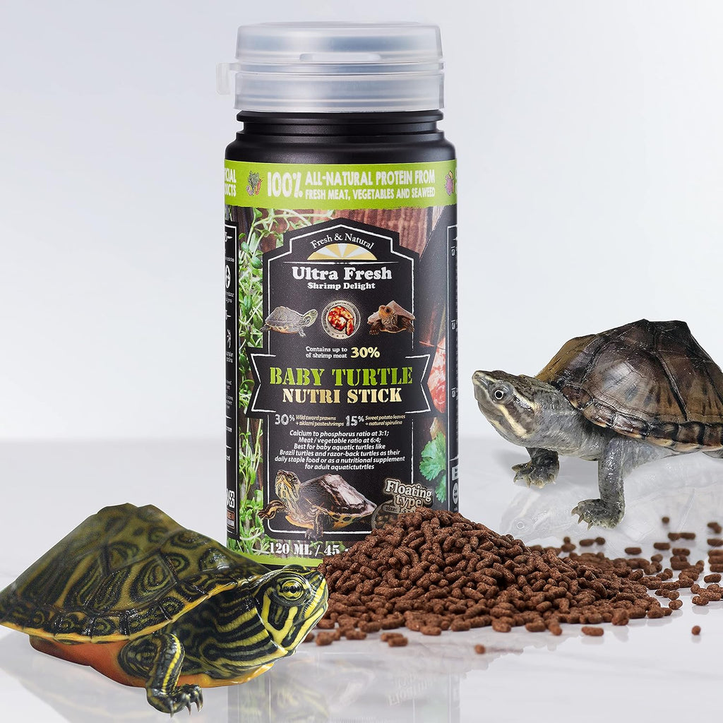 Ultra Fresh Baby Turtle Nutri Stick label showing wild sword prawn ingredients