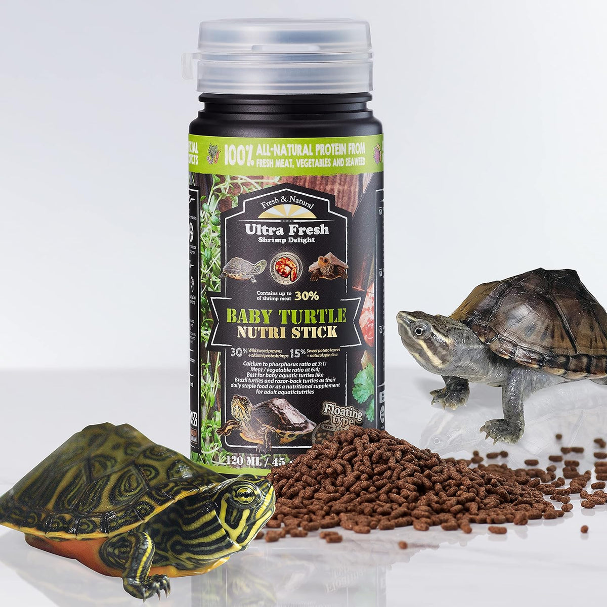 Ultra Fresh Baby Turtle Nutri Stick label showing wild sword prawn ingredients