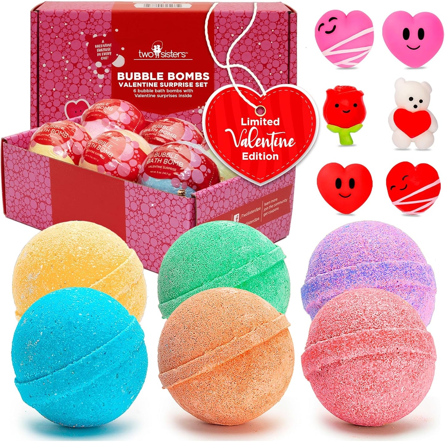 Two Sisters Valentines Bath Bombs front view packaging showing six colorful bubble bath fizzies.