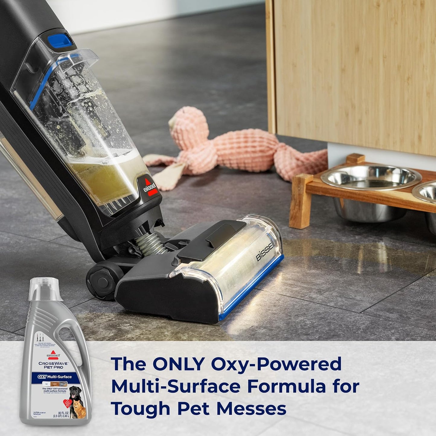 Back label of Bissell CrossWave Pet Pro Oxy formula detailing multi surface floor compatibility