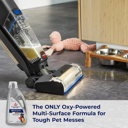 Back label of Bissell CrossWave Pet Pro Oxy formula detailing multi surface floor compatibility