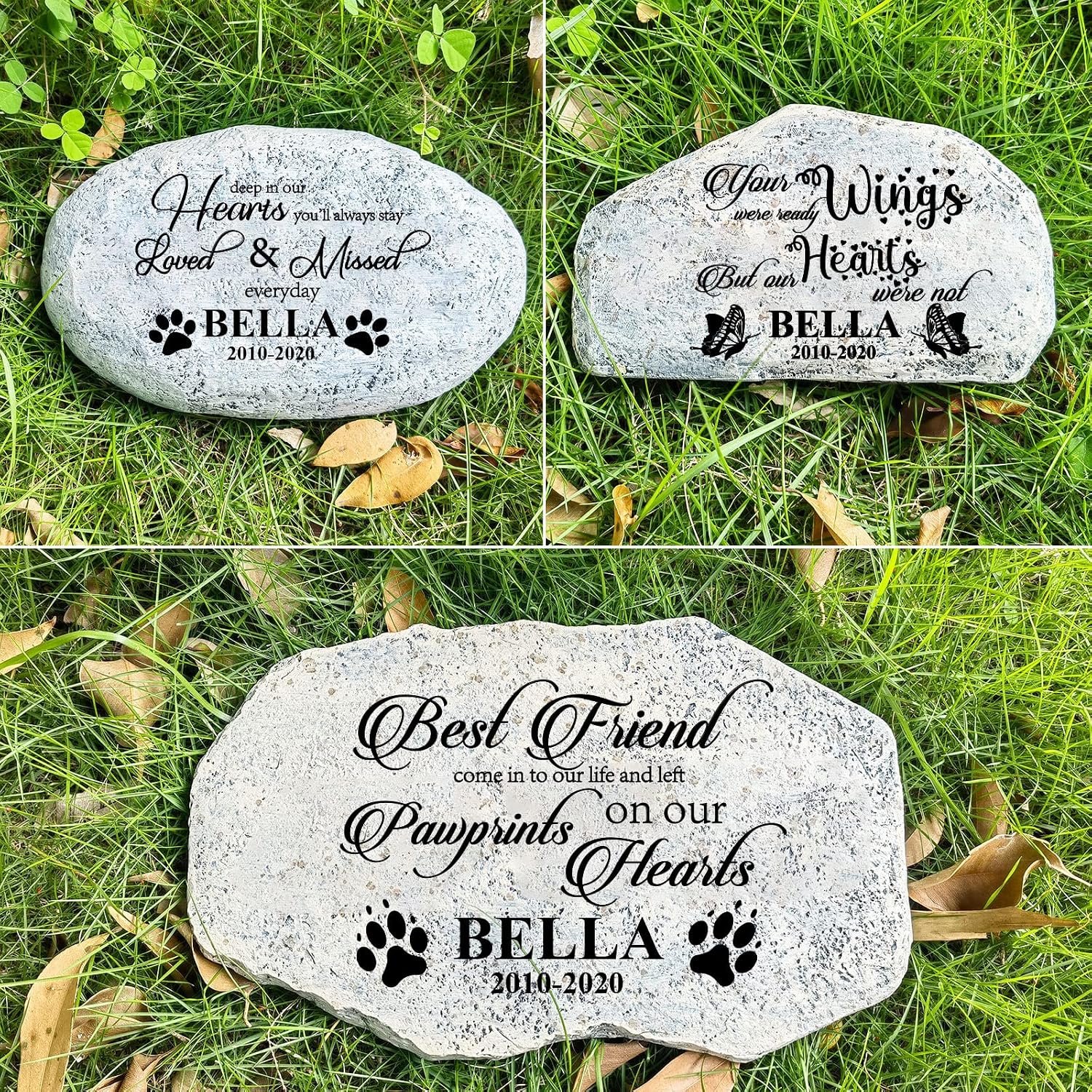 Cat memorial stone placed on a green lawn outdoor