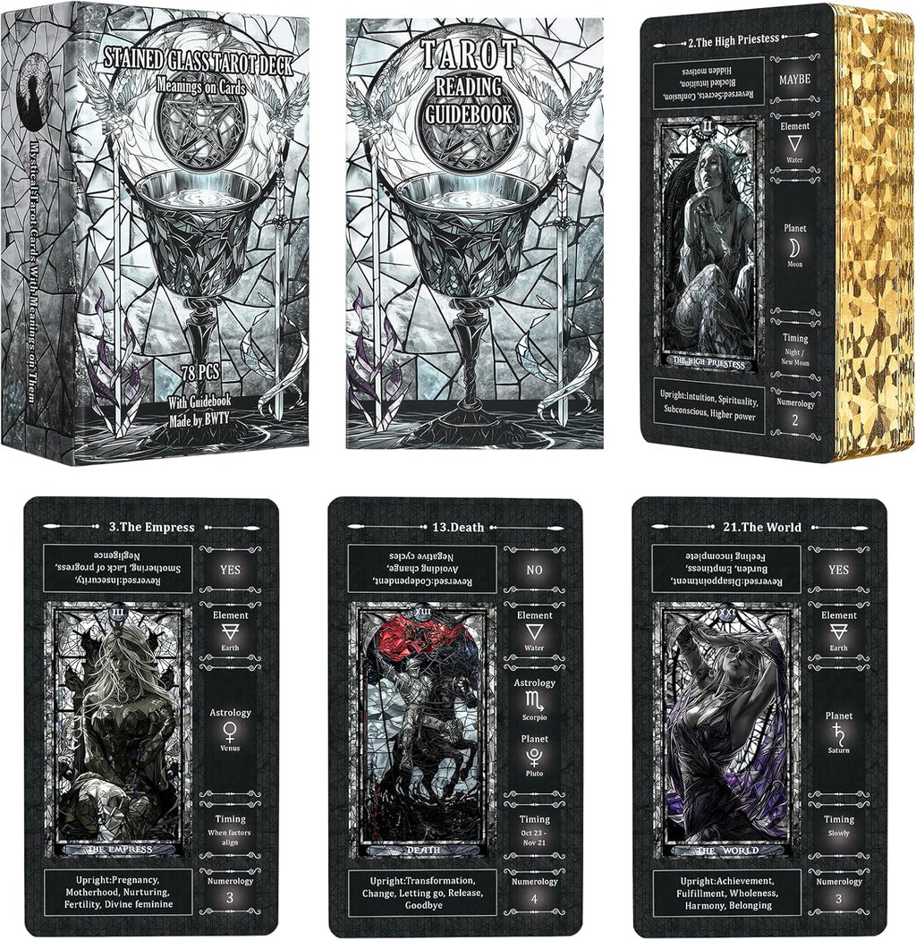 BWTY Black Stained Glass Tarot Cards front view showing printed meanings on the face