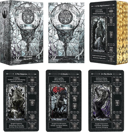 BWTY Black Stained Glass Tarot Cards front view showing printed meanings on the face