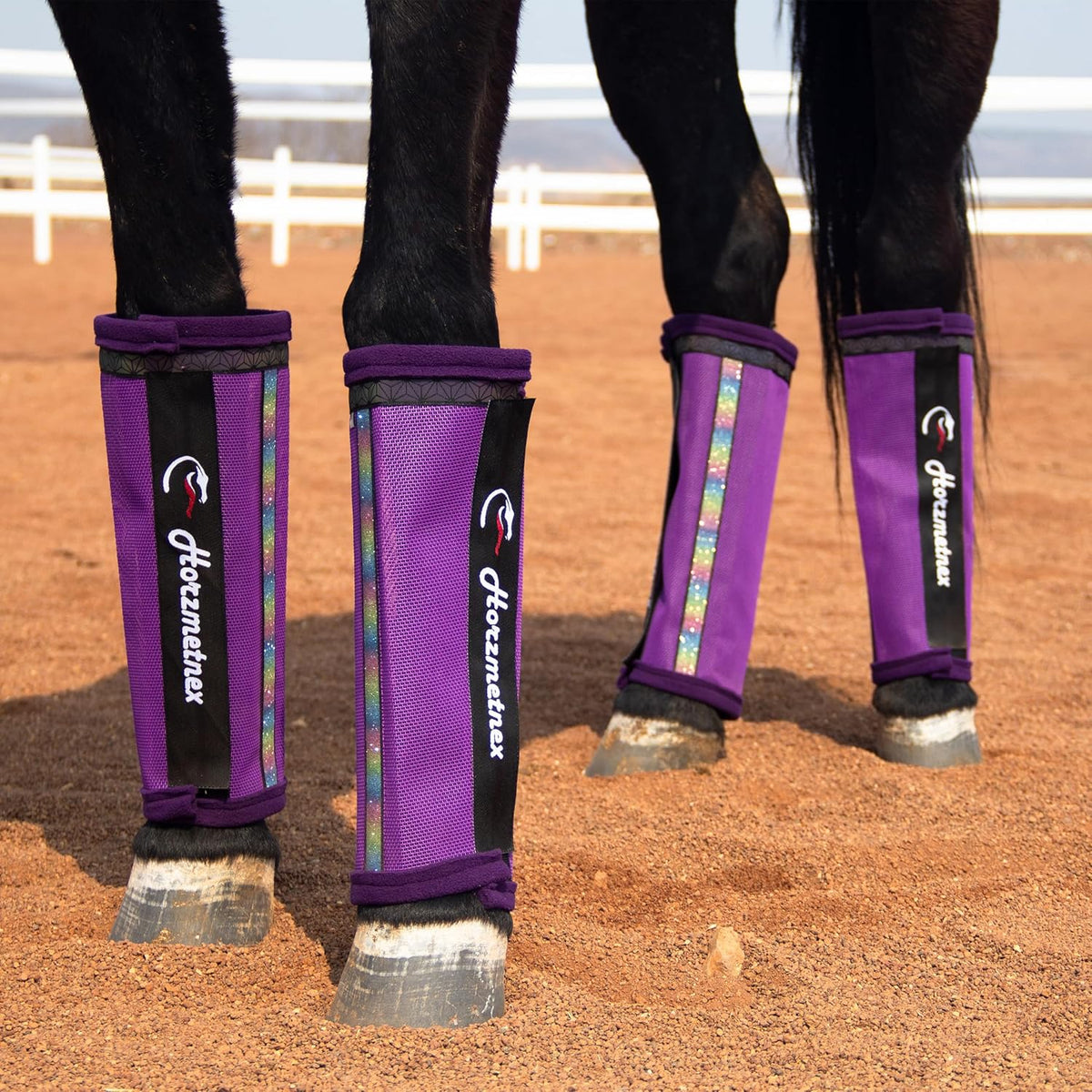 Horzmetnex protective fly boots for horses showcasing the full set of four for complete turnout coverage.