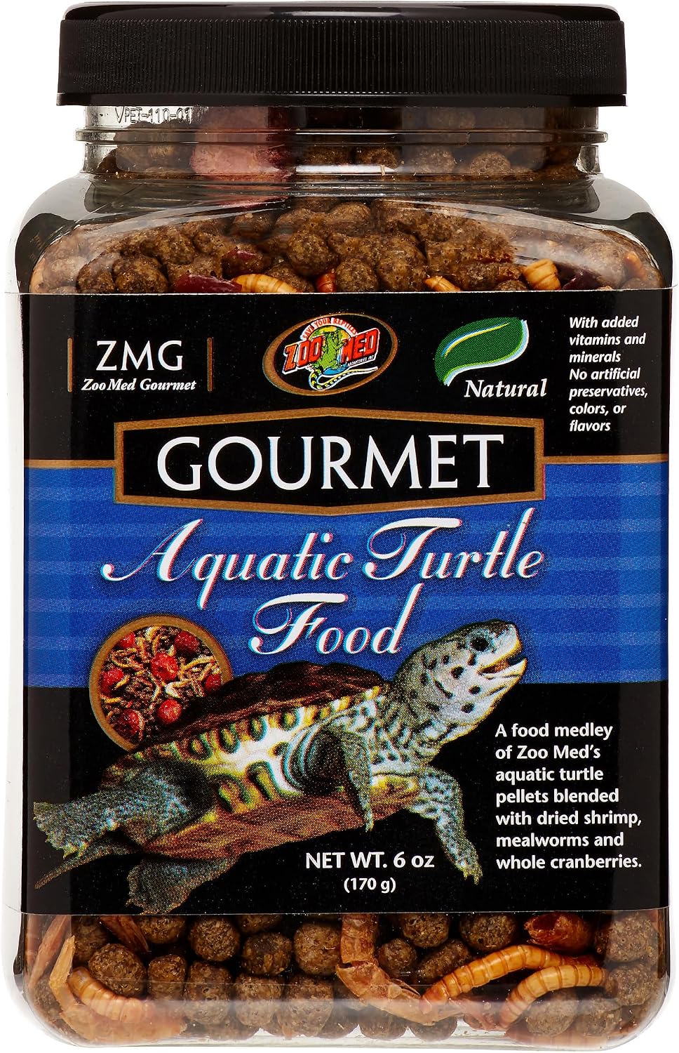 Premium USA imported Zoo Med turtle food packaging displayed on a clean surface.