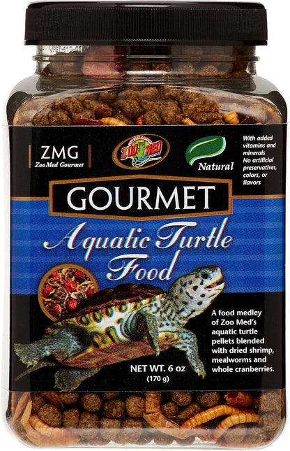 Premium USA imported Zoo Med turtle food packaging displayed on a clean surface.