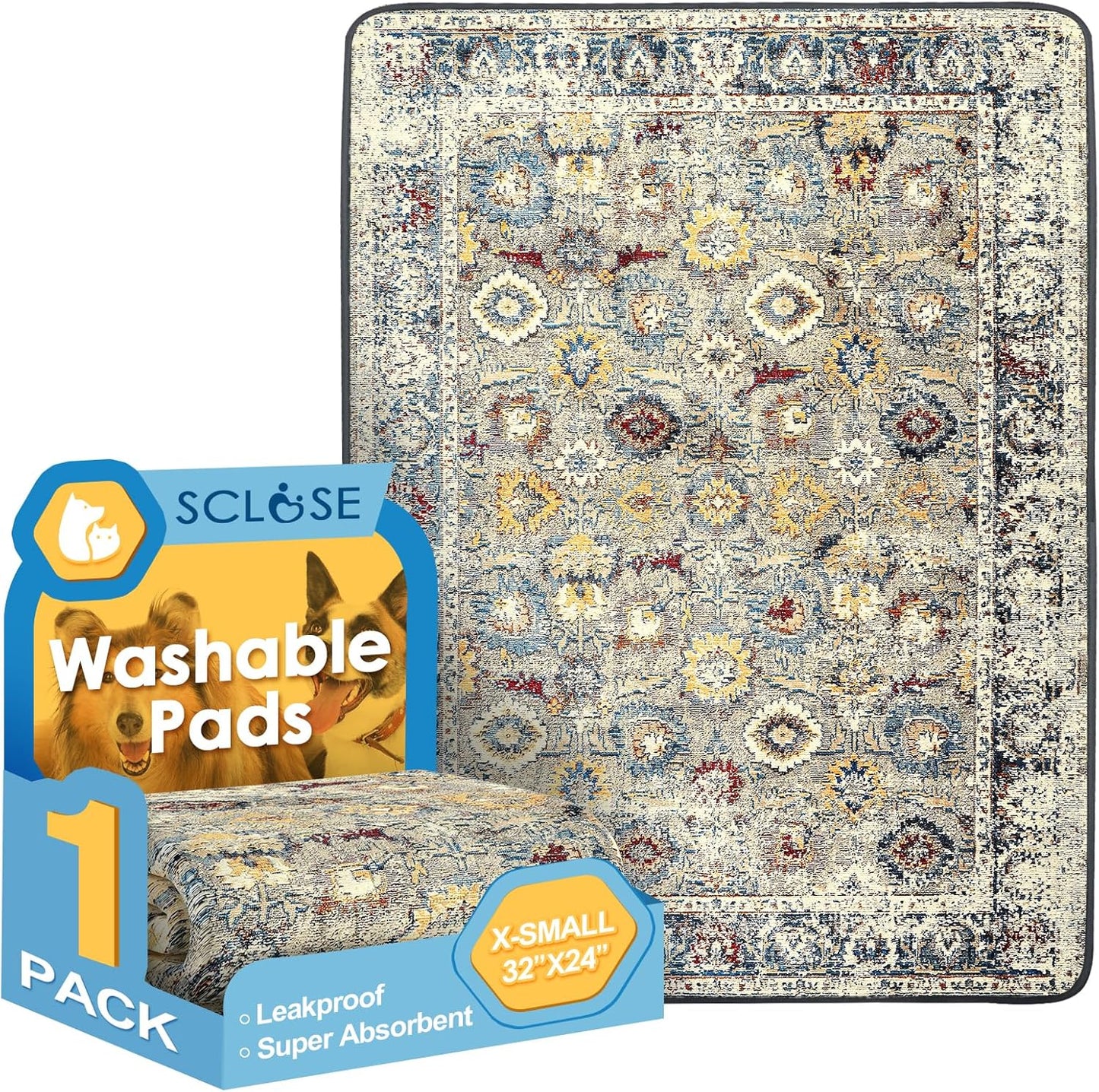 Sclose washable dog pee pad front view with vintage pattern