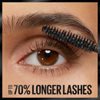 Maybelline lengthening mascara tube with the Grip and Extend brush wand pulled out to show the bristled applicator.