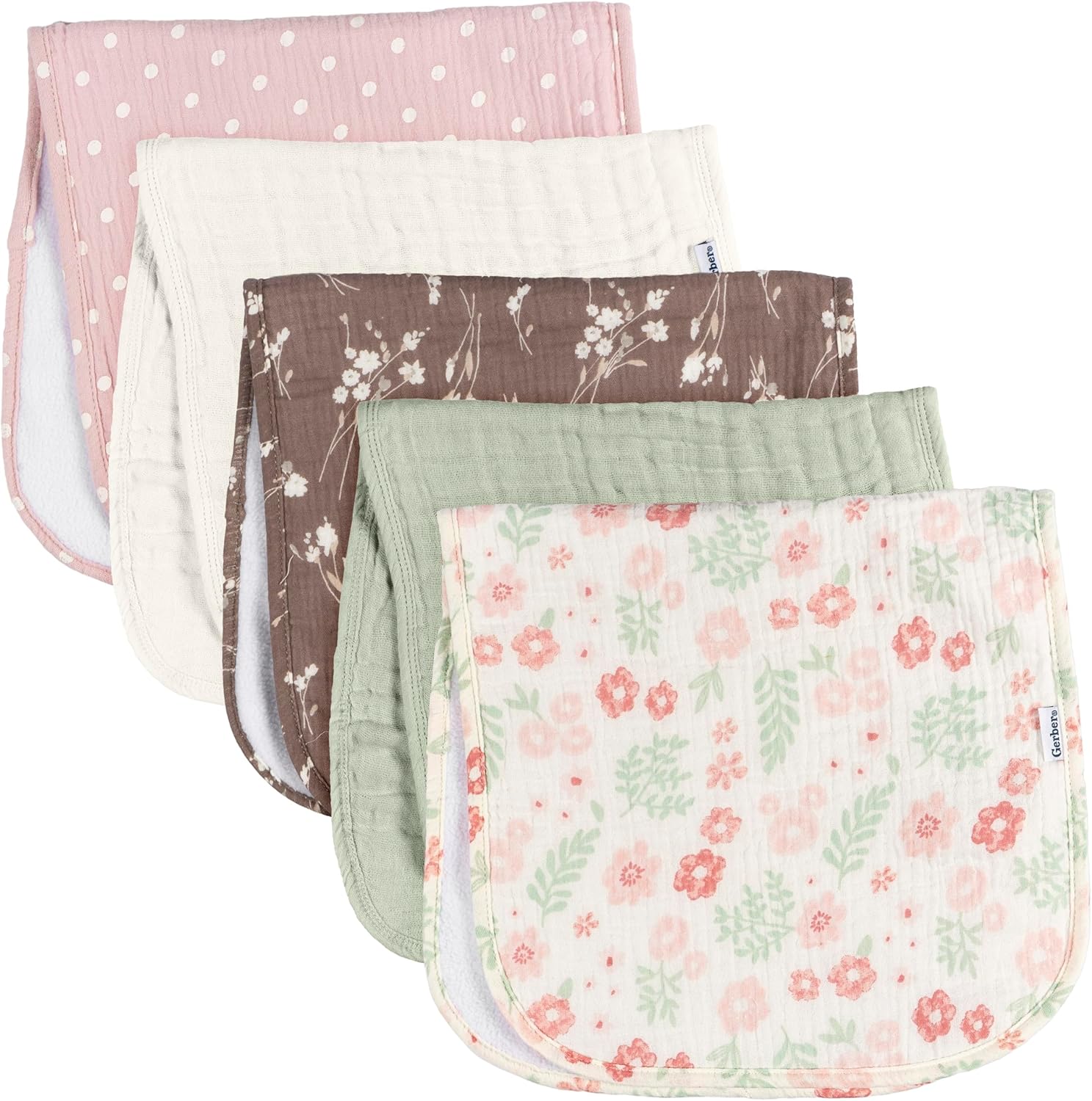 Gerber baby muslin burp cloths 5-pack front view