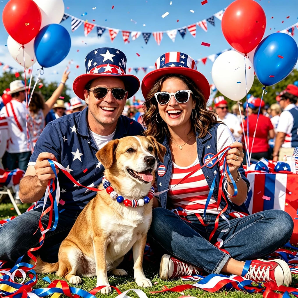 Premium imported USA handmade patriotic dog collar necklace laid flat to show full length and bead pattern.