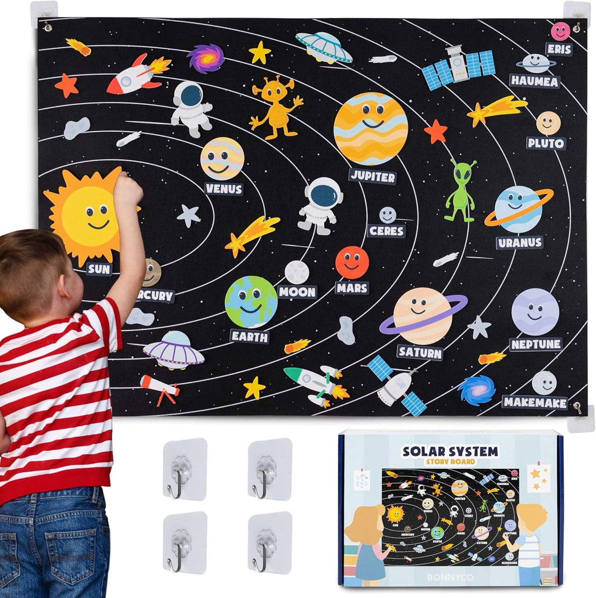 BONNYCO solar system for kids felt board front view displaying planets and space figures