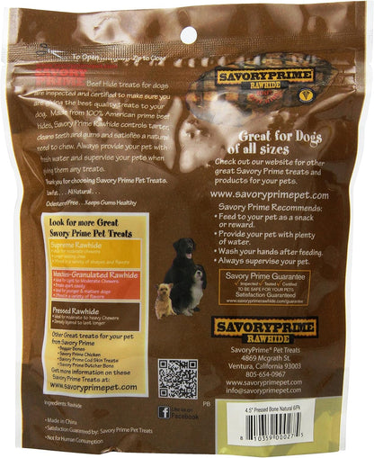 Savory Prime natural beef hide dog chews showing the dense pressed texture.