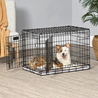 Machine washable pet crate liner cover being removed from a plastic pan