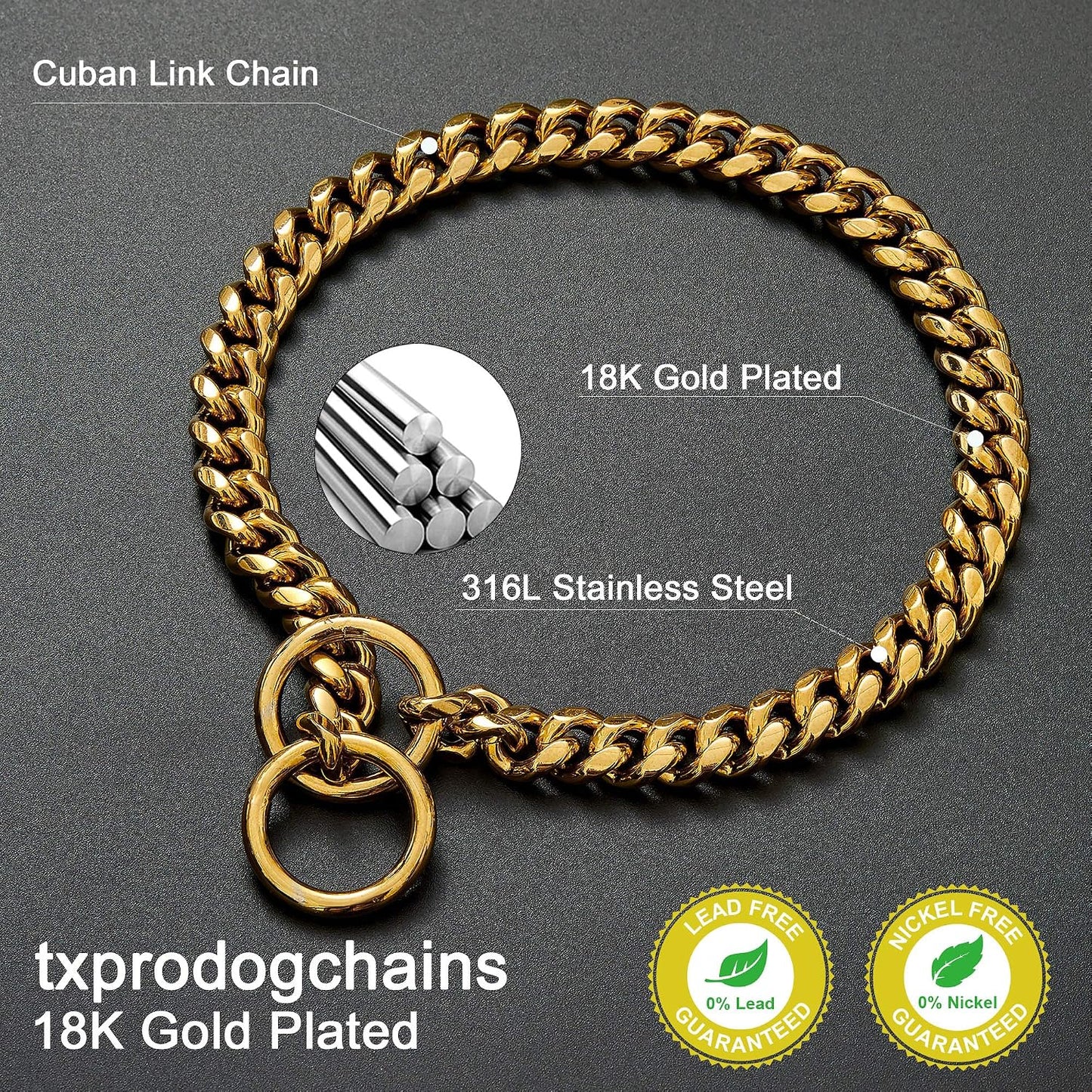 Close-up details of the durable double-ring clasp on the Txprodogchains stainless steel collar.