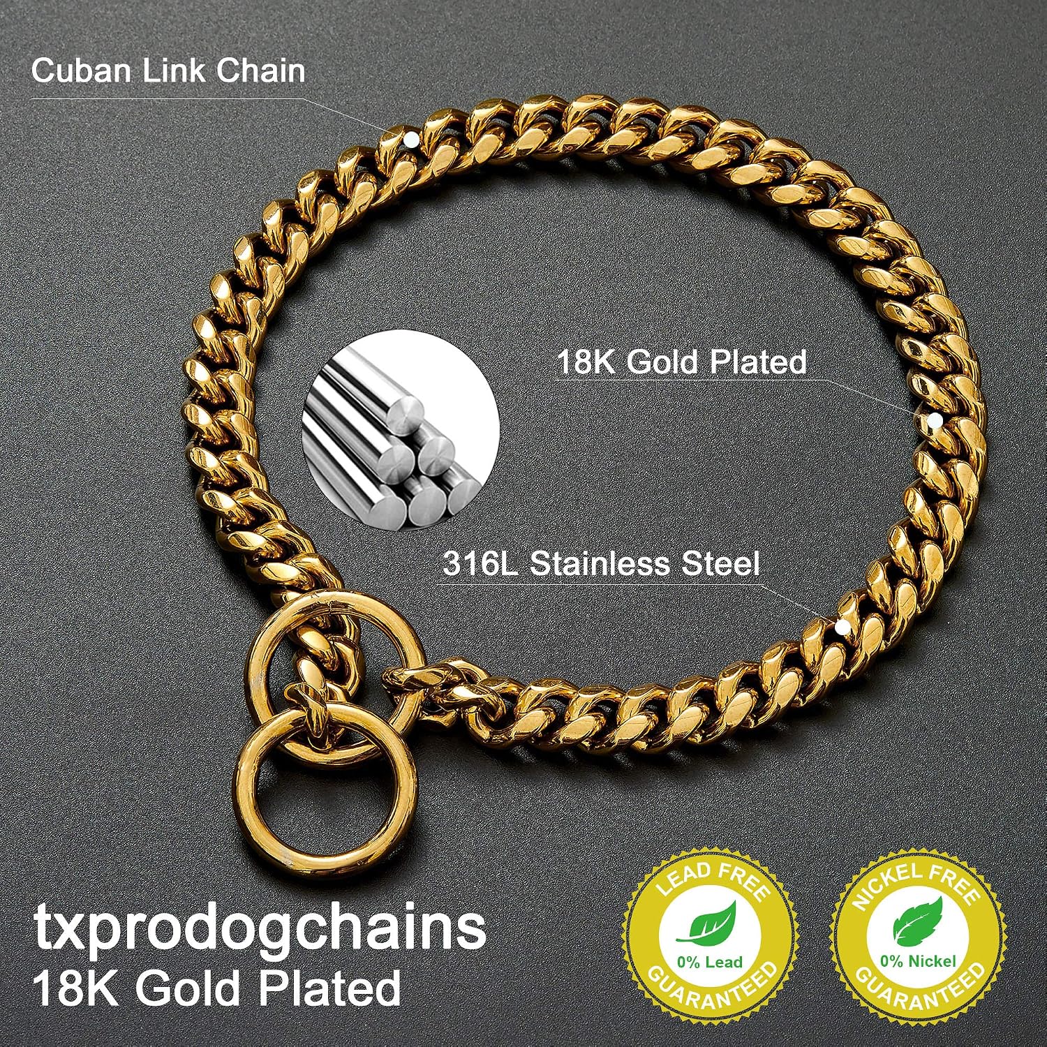 Close-up details of the durable double-ring clasp on the Txprodogchains stainless steel collar.