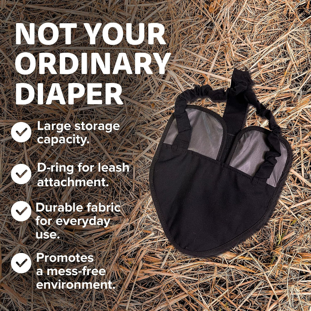 Chicken wearing black wrap around Hen Holster diaper outdoors