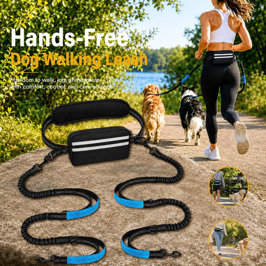Adjustable pet walking belt with attached waist pouch holding a phone and dog treats.