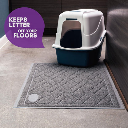 Pawkin durable cat litter mat placed under a litter box on wooden floor