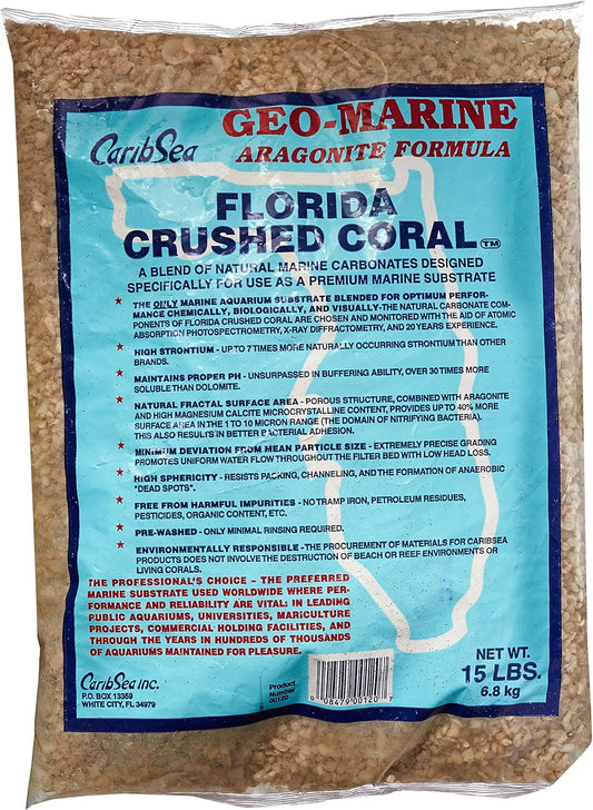 Carib Sea Crushed Coral 15 Pound bag front view for aquarium substrate