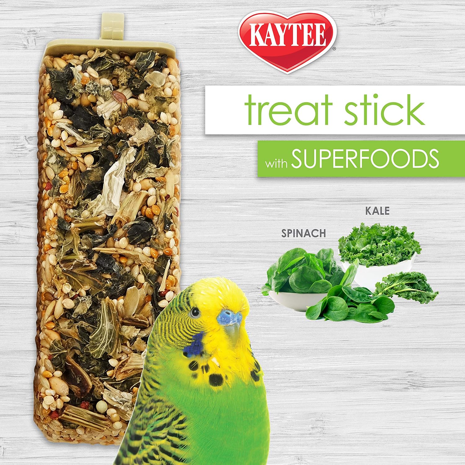 Side view of Kaytee bird treat stick showing 5.5 ounce label