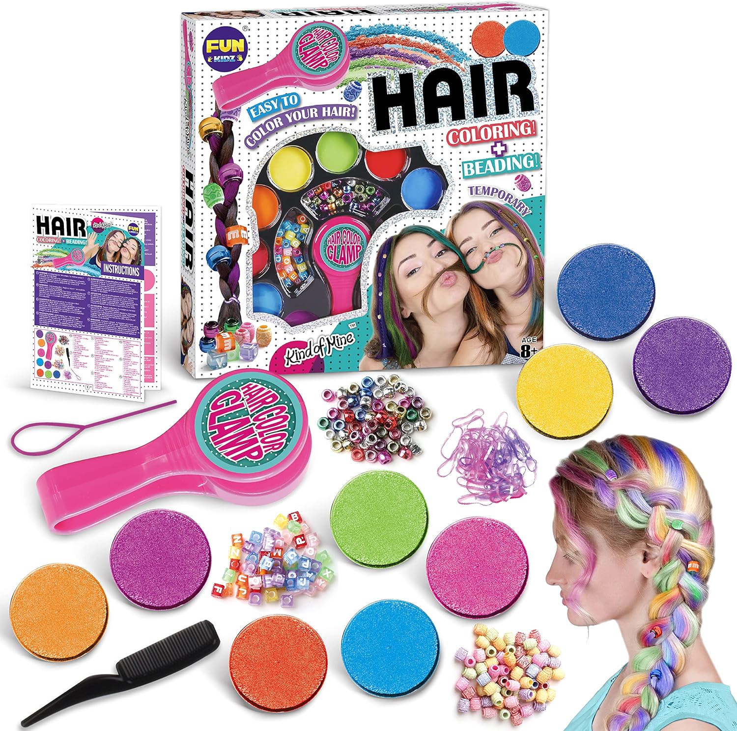 FunKidz Hair Braiding Kit front view packaging showing handheld coloring clamp and temporary hair chalk accessories