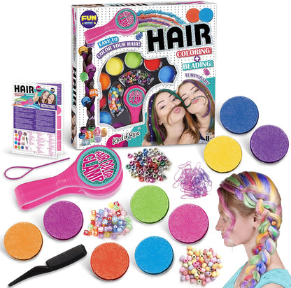FunKidz Hair Braiding Kit front view packaging showing handheld coloring clamp and temporary hair chalk accessories