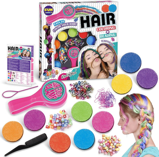 FunKidz Hair Braiding Kit front view packaging showing handheld coloring clamp and temporary hair chalk accessories