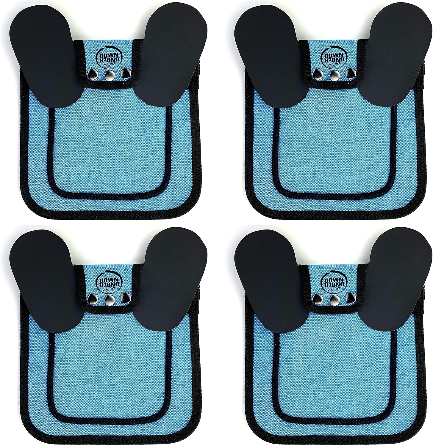 Pack of four mixed color protective hen saddles displayed flat.
