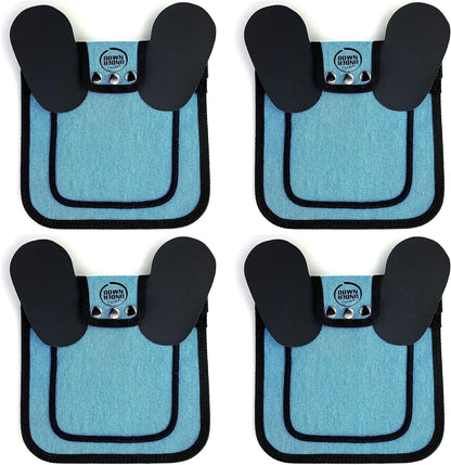 Pack of four mixed color protective hen saddles displayed flat.