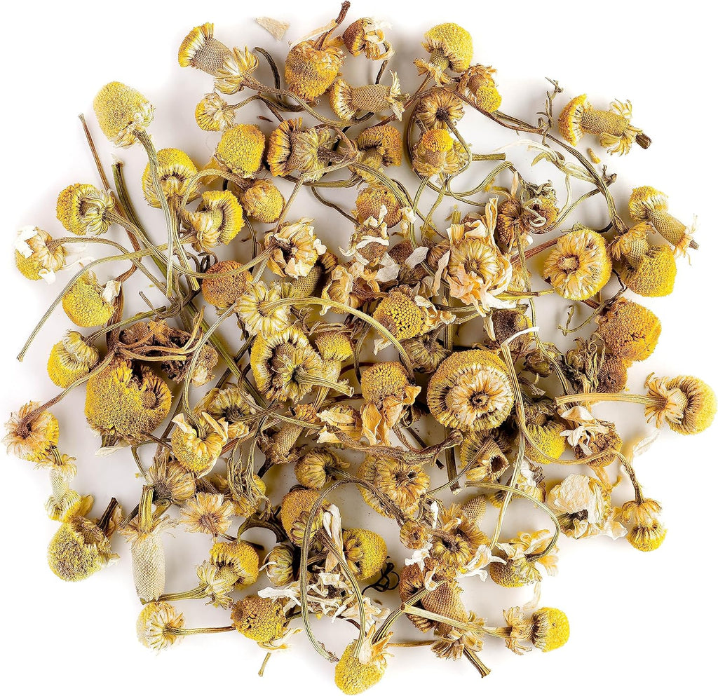 Valley of Tea Organic Chamomile Flowers front packaging showing loose leaf herbal tea.